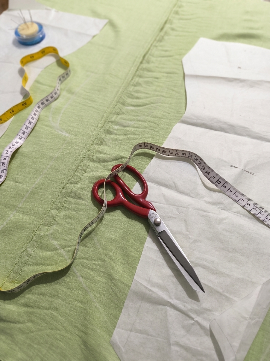 Pattern pieces, scissors and a measuring tape on the cutting table where every Lewesah piece is drafted and cut by hand